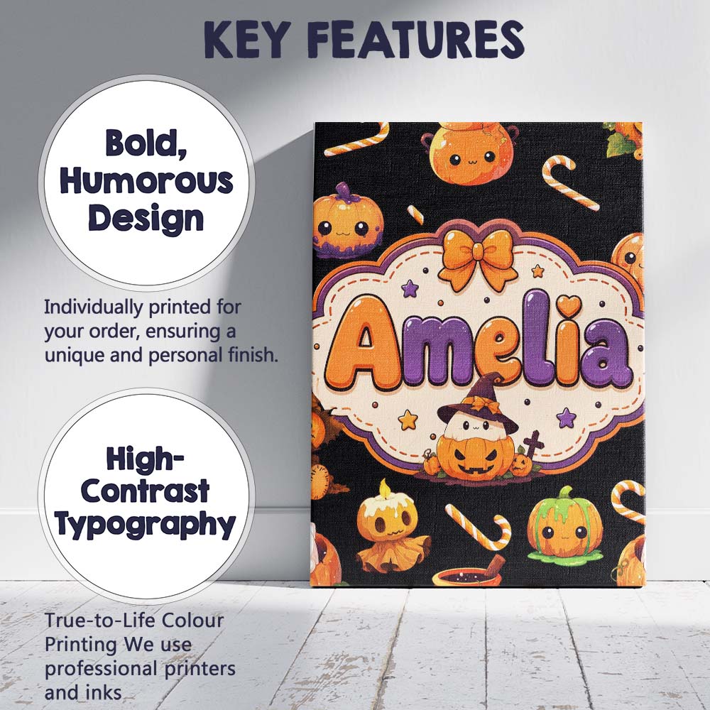 Personalised Name Cute Kawaii Halloween Custom  Modern Room Accent Elegant Feature Canvas Wall Art Print Decor Picture Ready to Hang