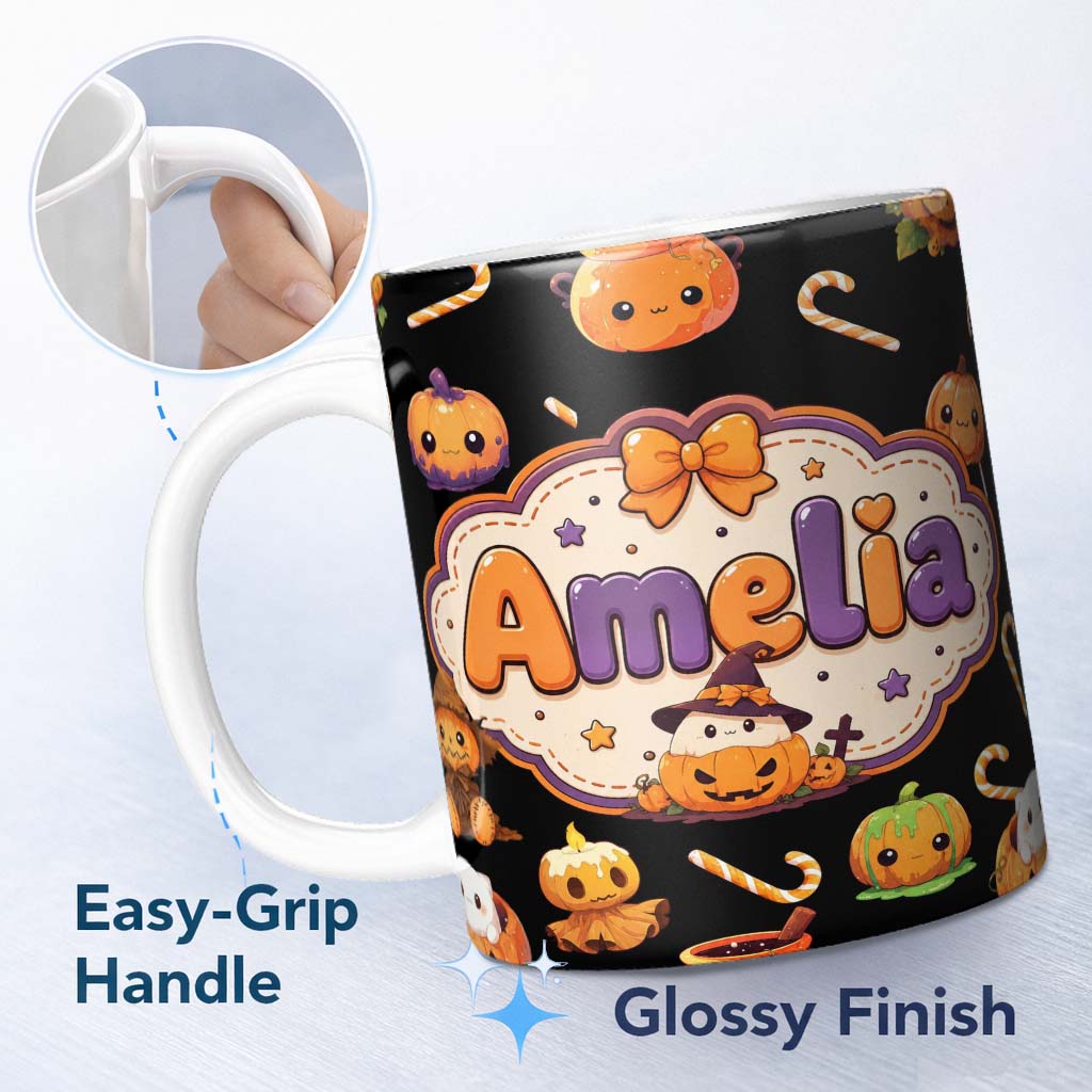 Personalized Custom Name Cute Kawaii Halloween Pumpkin Candy Scarecrow Seamless Pattern 11oz Ceramic Coffee Tea Mug White Large Handle