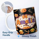 Personalized Custom Name Cute Kawaii Halloween Pumpkin Candy Scarecrow Seamless Pattern 11oz Ceramic Coffee Tea Mug White Large Handle