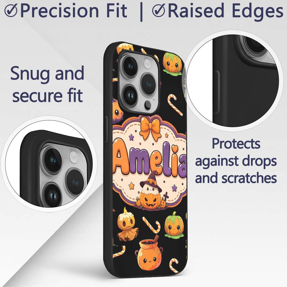 Cute Kawaii Halloween Pumpkin Candy Scarecrow Custom Name Protective Phone Case Mobile Cover Durable Everyday Smartphone Shock Resistant