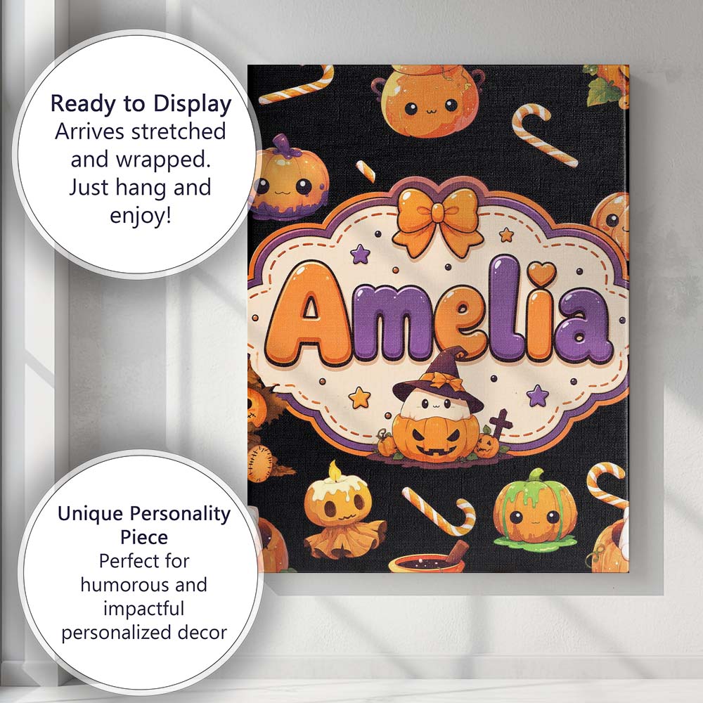 Personalised Name Cute Kawaii Halloween Custom  Modern Room Accent Elegant Feature Canvas Wall Art Print Decor Picture Ready to Hang