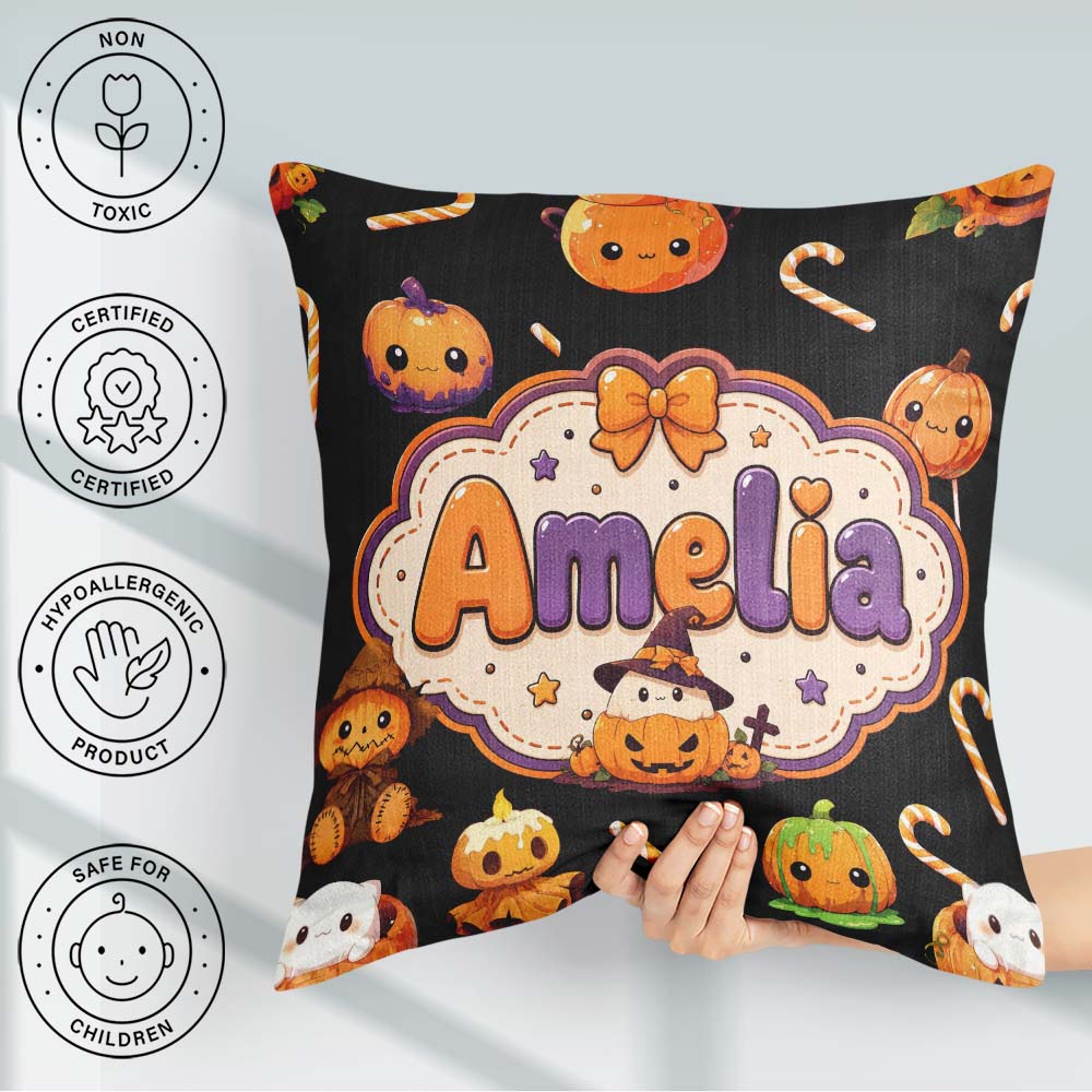 Custom Name Cute Kawaii Halloween Pumpkin Candy Seamless Pattern Square Filled Cushion Throw Pillow Sofa Bed Home Decor Zip Washable UK Made