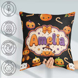 Custom Name Cute Kawaii Halloween Pumpkin Candy Seamless Pattern Square Filled Cushion Throw Pillow Sofa Bed Home Decor Zip Washable UK Made