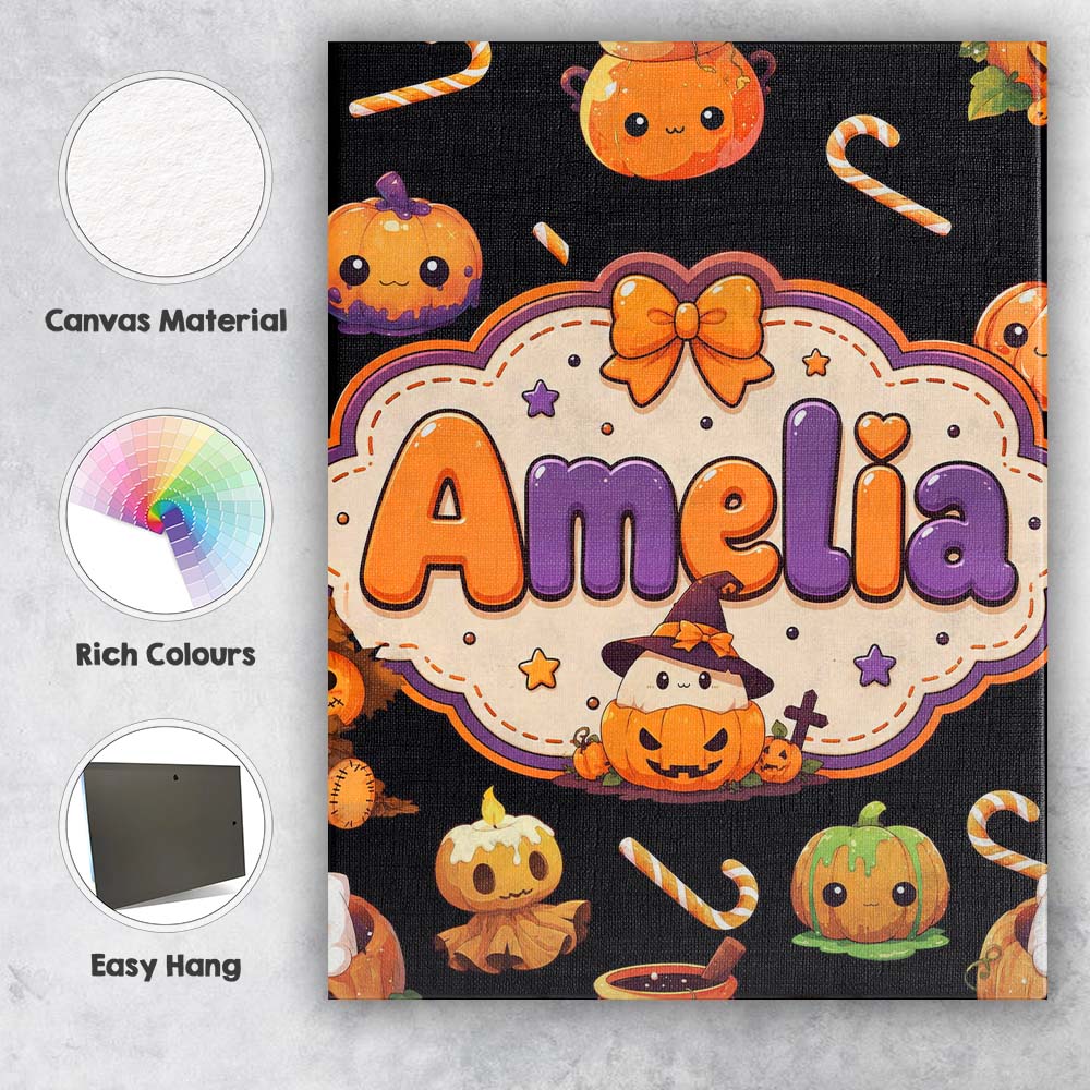 Personalised Name Cute Kawaii Halloween Custom  Modern Room Accent Elegant Feature Canvas Wall Art Print Decor Picture Ready to Hang