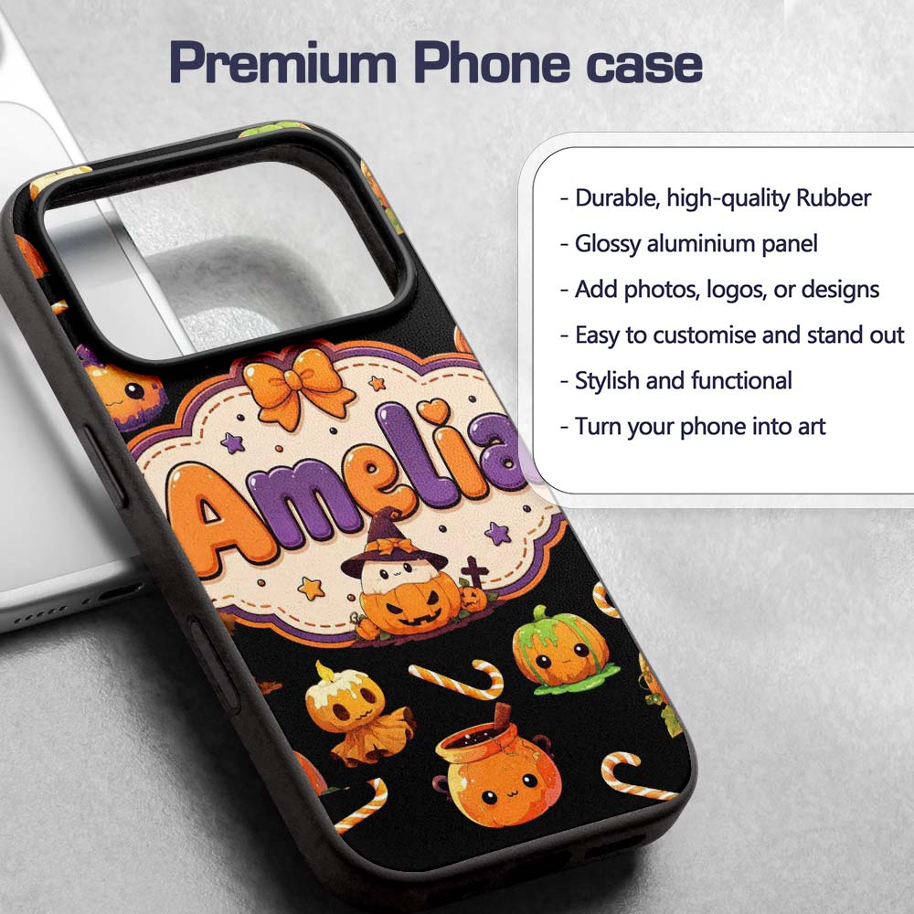 Cute Kawaii Halloween Pumpkin Candy Scarecrow Custom Name Protective Phone Case Mobile Cover Durable Everyday Smartphone Shock Resistant
