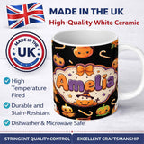 Personalized Custom Name Cute Kawaii Halloween Pumpkin Candy Scarecrow Seamless Pattern 11oz Ceramic Coffee Tea Mug White Large Handle