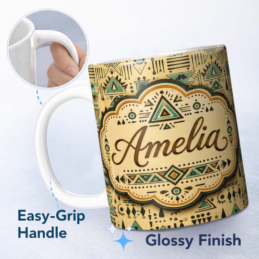 Personalized Custom Name Geometric Tribal Pattern with Teal and Black Shapes on Neutral 11oz Ceramic Coffee Tea Mug White Large Handle