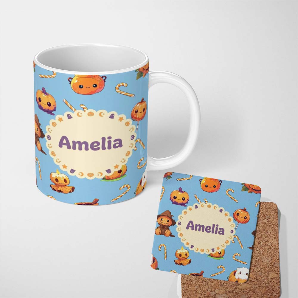 Personalized Custom Name Cute Kawaii Halloween Pumpkin Candy Scarecrow Seamless Pattern Blue 11oz Ceramic Coffee Tea Mug White Large Handle