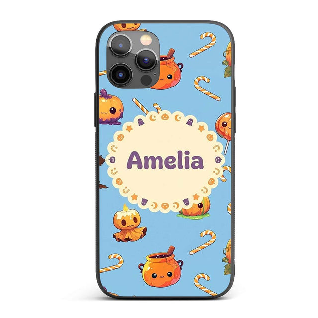 Cute Kawaii Halloween Pumpkin Candy Scarecrow Custom Name Protective Phone Case Mobile Cover Durable Everyday Smartphone Shock Resistant