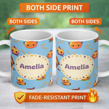 Personalized Custom Name Cute Kawaii Halloween Pumpkin Candy Scarecrow Seamless Pattern Blue 11oz Ceramic Coffee Tea Mug White Large Handle