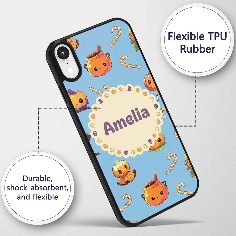 Cute Kawaii Halloween Pumpkin Candy Scarecrow Custom Name Protective Phone Case Mobile Cover Durable Everyday Smartphone Shock Resistant