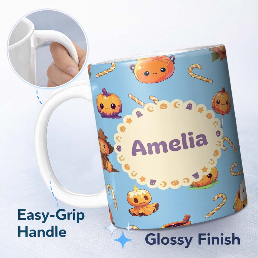 Personalized Custom Name Cute Kawaii Halloween Pumpkin Candy Scarecrow Seamless Pattern Blue 11oz Ceramic Coffee Tea Mug White Large Handle