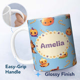 Personalized Custom Name Cute Kawaii Halloween Pumpkin Candy Scarecrow Seamless Pattern Blue 11oz Ceramic Coffee Tea Mug White Large Handle