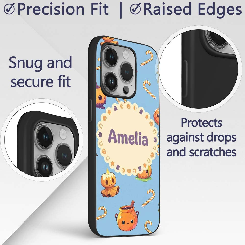 Cute Kawaii Halloween Pumpkin Candy Scarecrow Custom Name Protective Phone Case Mobile Cover Durable Everyday Smartphone Shock Resistant