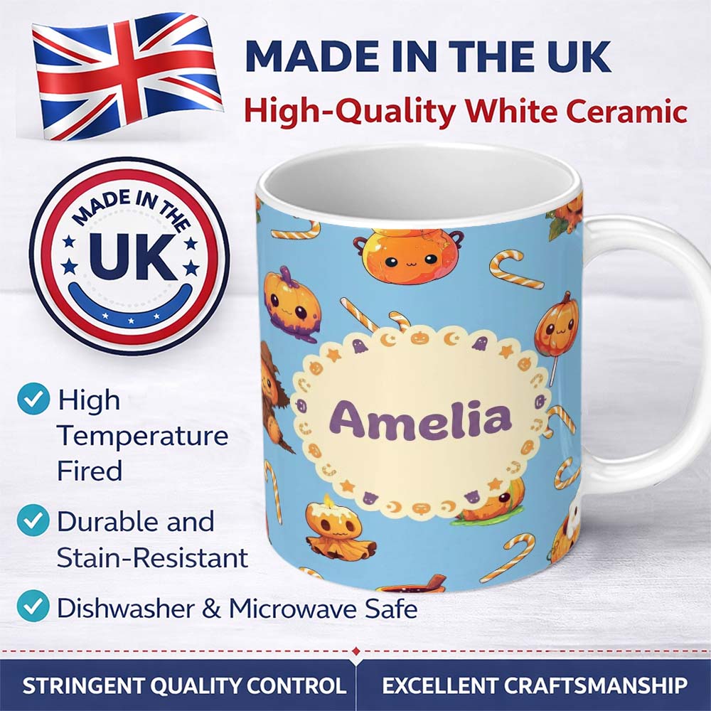 Personalized Custom Name Cute Kawaii Halloween Pumpkin Candy Scarecrow Seamless Pattern Blue 11oz Ceramic Coffee Tea Mug White Large Handle