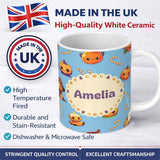 Personalized Custom Name Cute Kawaii Halloween Pumpkin Candy Scarecrow Seamless Pattern Blue 11oz Ceramic Coffee Tea Mug White Large Handle