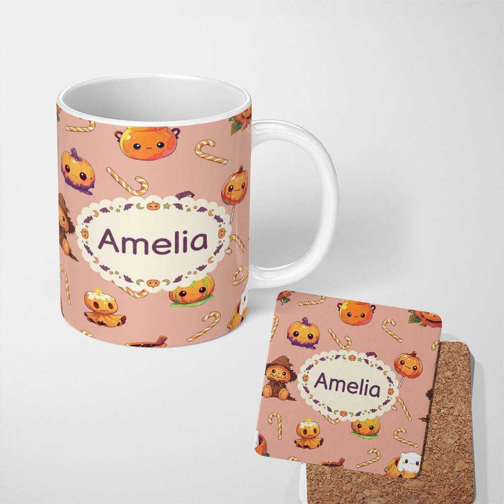 Personalized Custom Name Cute Kawaii Halloween Pumpkin Candy Scarecrow Seamless Pattern 11oz Ceramic Coffee Tea Mug White Large Handle