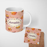 Personalized Custom Name Cute Kawaii Halloween Pumpkin Candy Scarecrow Seamless Pattern 11oz Ceramic Coffee Tea Mug White Large Handle