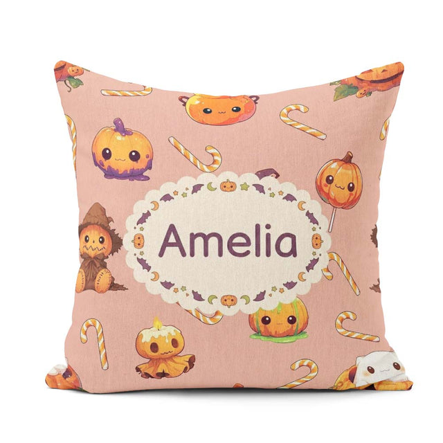 Custom Name Cute Kawaii Halloween Pumpkin Candy Seamless Pattern Square Filled Cushion Throw Pillow Sofa Bed Home Decor Zip Washable UK Made
