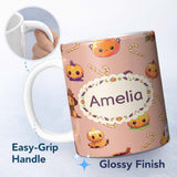 Personalized Custom Name Cute Kawaii Halloween Pumpkin Candy Scarecrow Seamless Pattern 11oz Ceramic Coffee Tea Mug White Large Handle