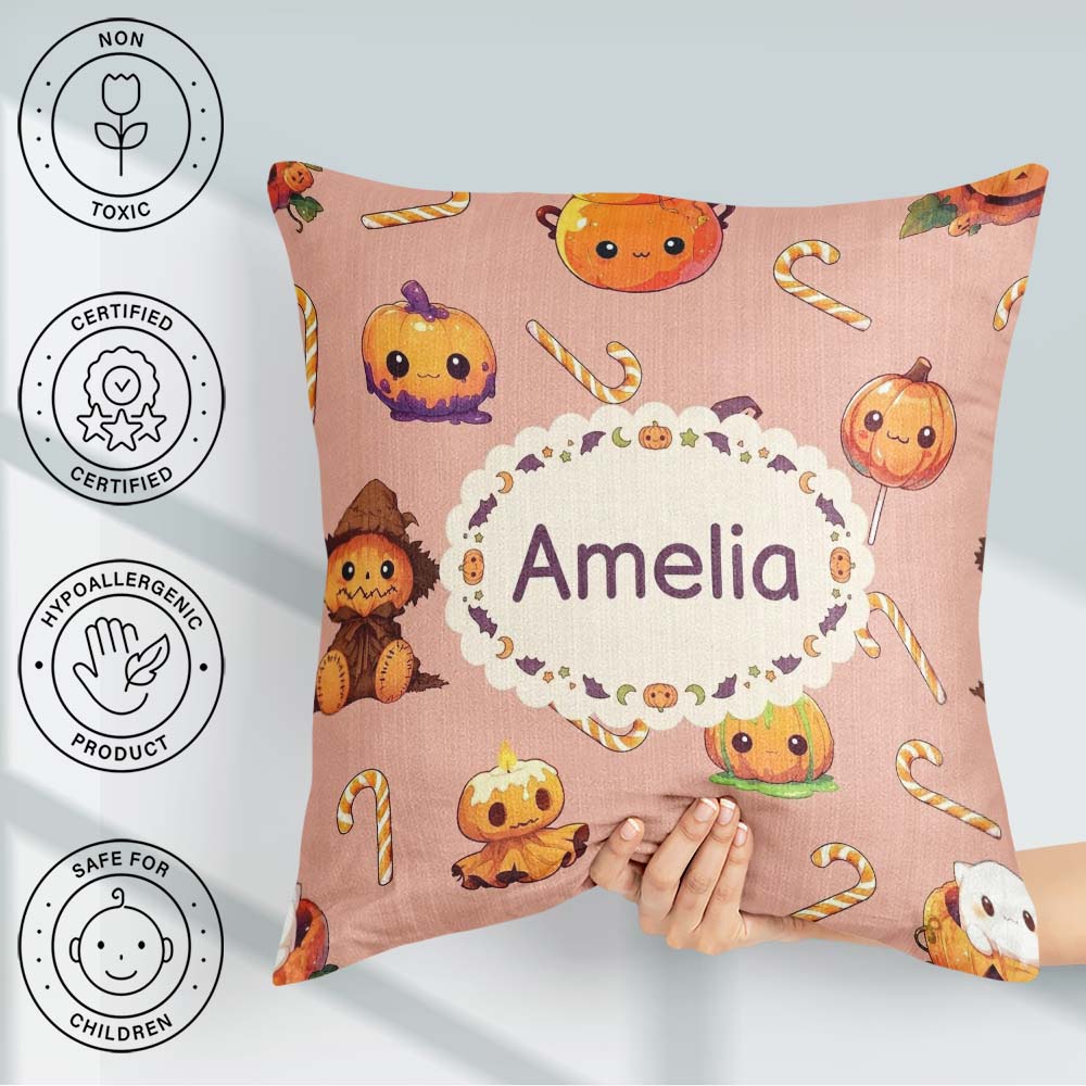 Custom Name Cute Kawaii Halloween Pumpkin Candy Seamless Pattern Square Filled Cushion Throw Pillow Sofa Bed Home Decor Zip Washable UK Made