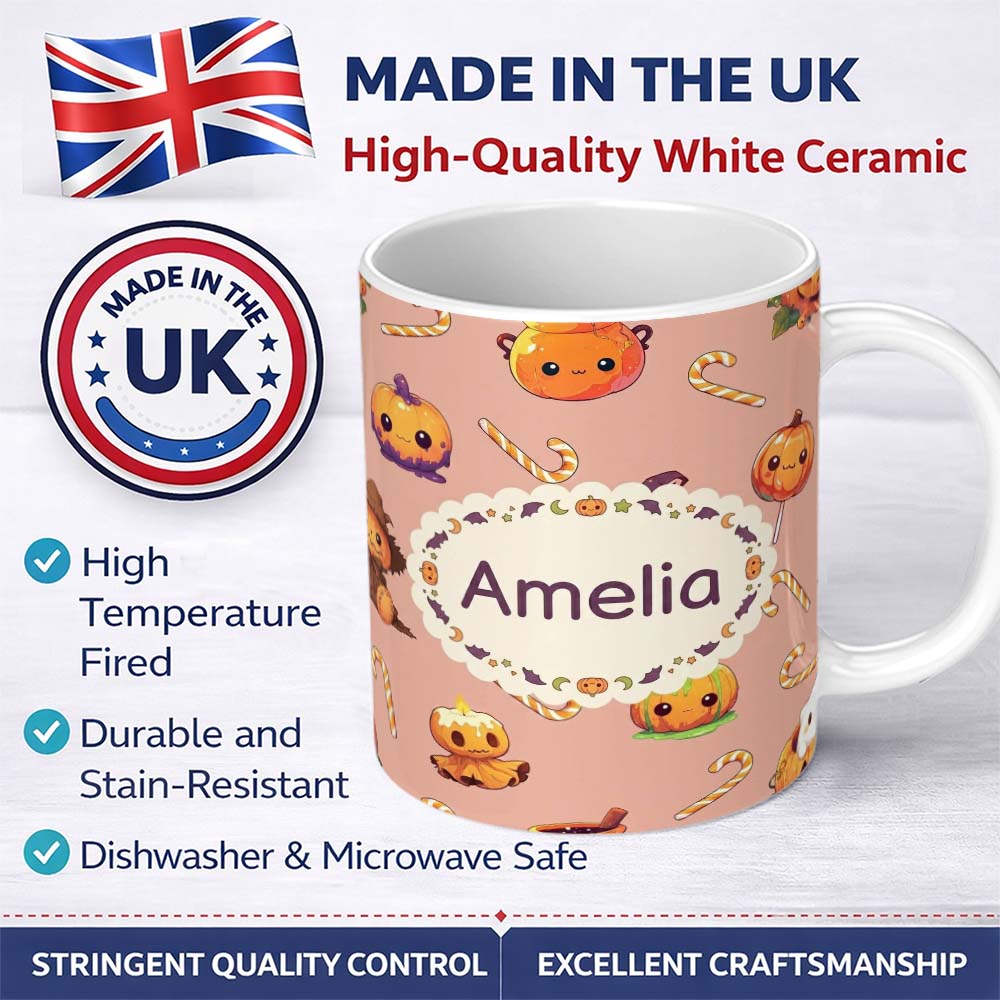 Personalized Custom Name Cute Kawaii Halloween Pumpkin Candy Scarecrow Seamless Pattern 11oz Ceramic Coffee Tea Mug White Large Handle