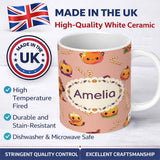 Personalized Custom Name Cute Kawaii Halloween Pumpkin Candy Scarecrow Seamless Pattern 11oz Ceramic Coffee Tea Mug White Large Handle