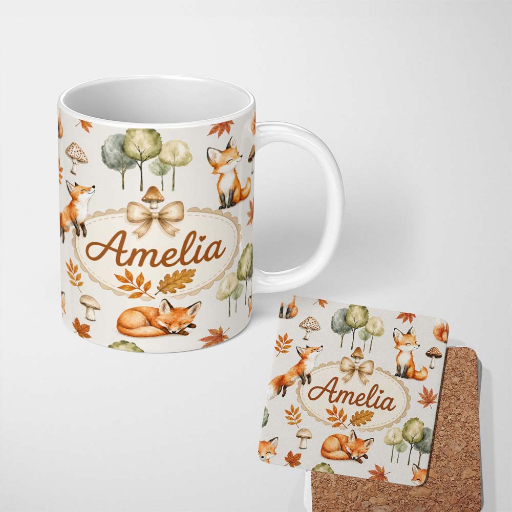 Personalized Custom Name Watercolor Woodland Fox Mushroom Autumn on Light Grey Background 11oz Ceramic Coffee Tea Mug White Large Handle