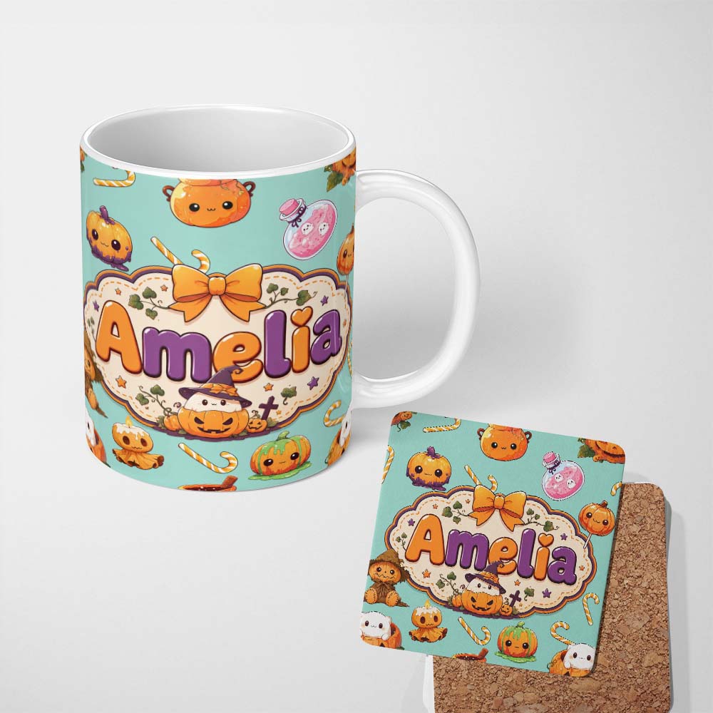 Personalized Custom Name Cute Kawaii Halloween Pumpkin Candy Scarecrow Seamless Pattern Teal 11oz Ceramic Coffee Tea Mug White Large Handle