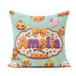 Custom Name Kawaii Halloween Pumpkin Candy Seamless Pattern Teal Square Filled Cushion Throw Pillow Sofa Bed Home Decor Zip Washable UK Made