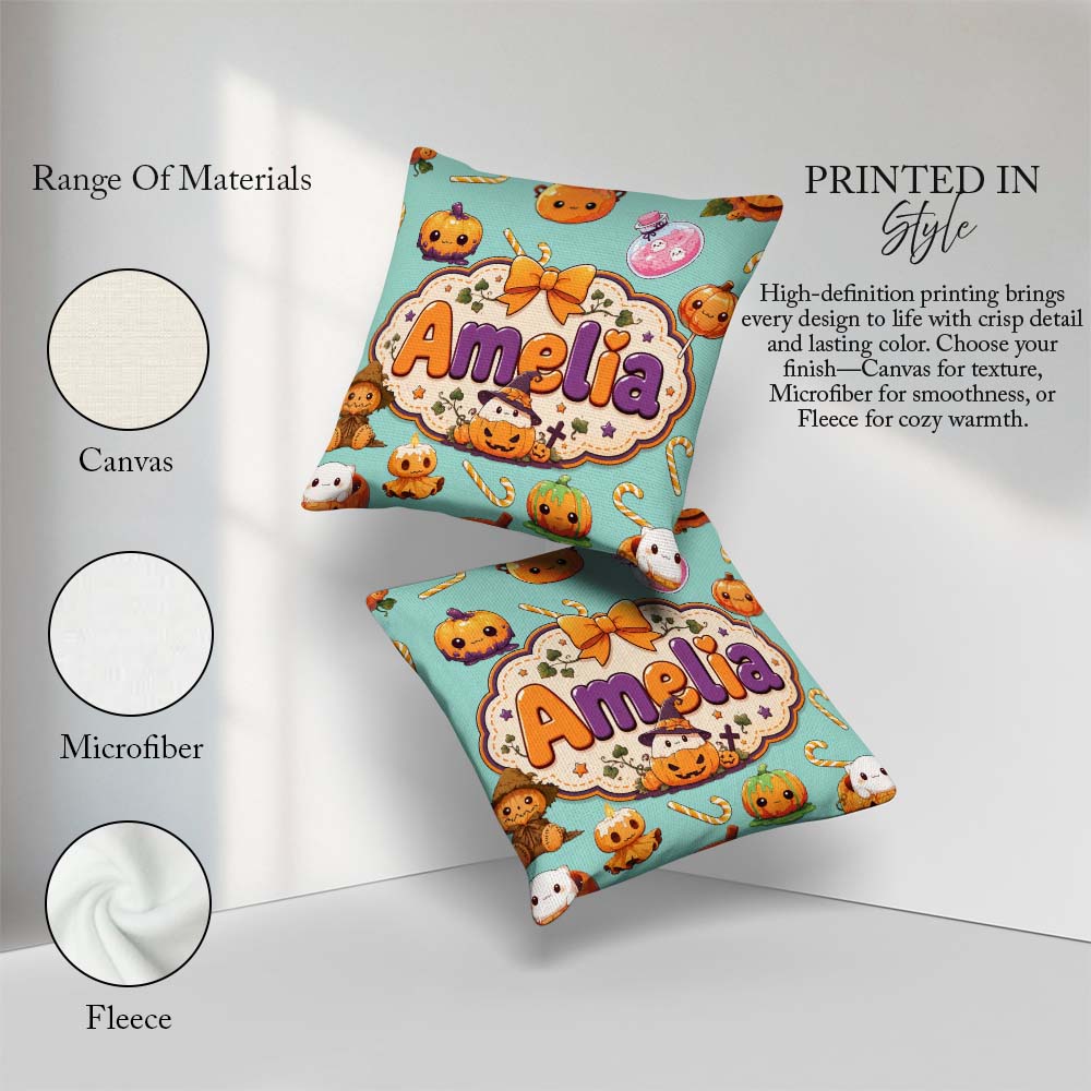 Custom Name Kawaii Halloween Pumpkin Candy Seamless Pattern Teal Square Filled Cushion Throw Pillow Sofa Bed Home Decor Zip Washable UK Made