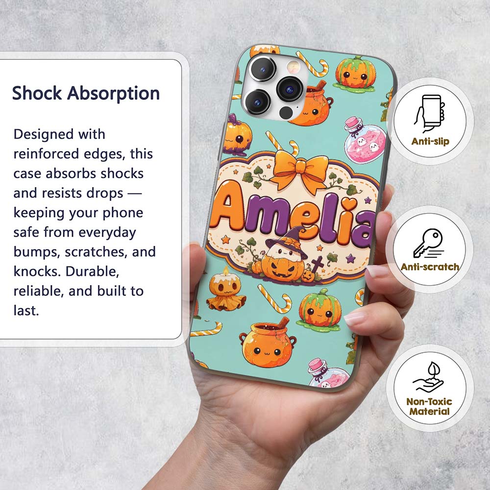 Cute Kawaii Halloween Pumpkin Candy Scarecrow Custom Name Protective Phone Case Mobile Cover Durable Everyday Smartphone Shock Resistant