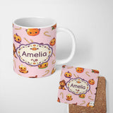 Personalized Custom Name Cute Kawaii Halloween Pumpkin Candy Scarecrow Seamless Pattern Pink 11oz Ceramic Coffee Tea Mug White Large Handle