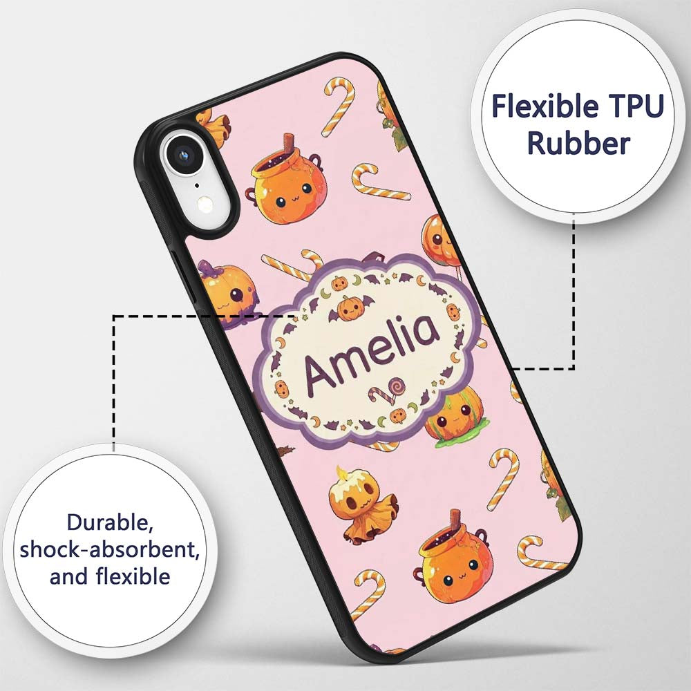 Cute Kawaii Halloween Pumpkin Candy Scarecrow Custom Name Protective Phone Case Mobile Cover Durable Everyday Smartphone Shock Resistant