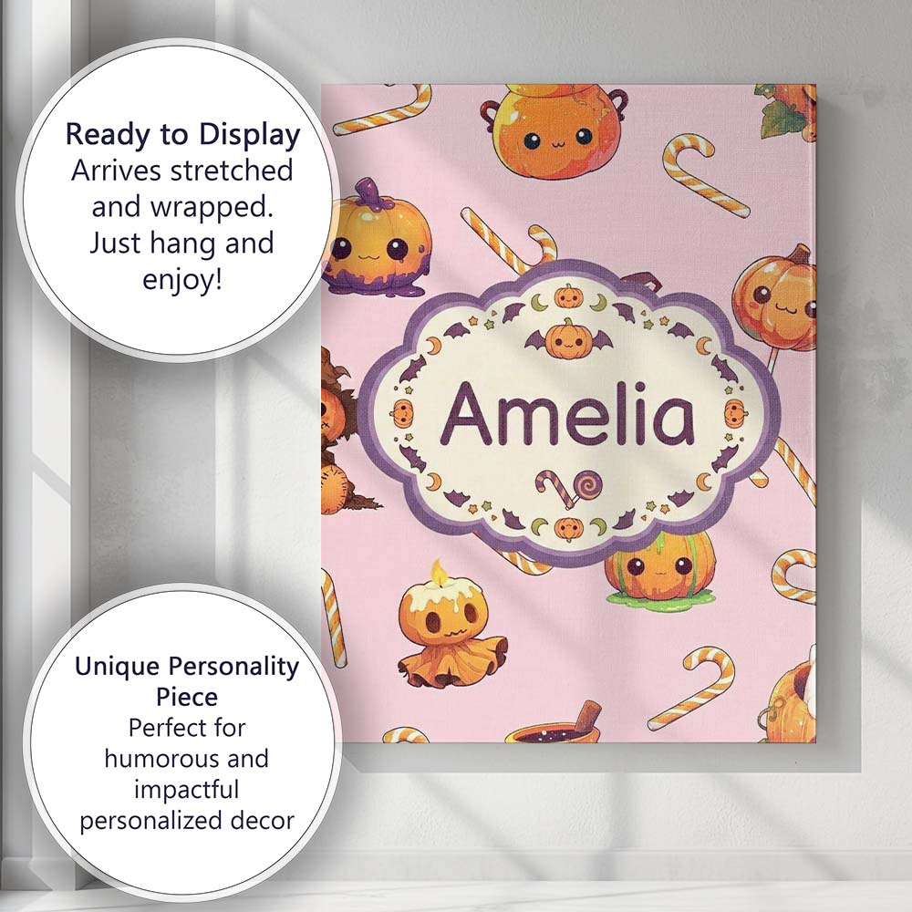 Personalised Name Cute Kawaii Halloween Custom  Modern Room Accent Elegant Feature Canvas Wall Art Print Decor Picture Ready to Hang