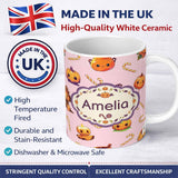 Personalized Custom Name Cute Kawaii Halloween Pumpkin Candy Scarecrow Seamless Pattern Pink 11oz Ceramic Coffee Tea Mug White Large Handle