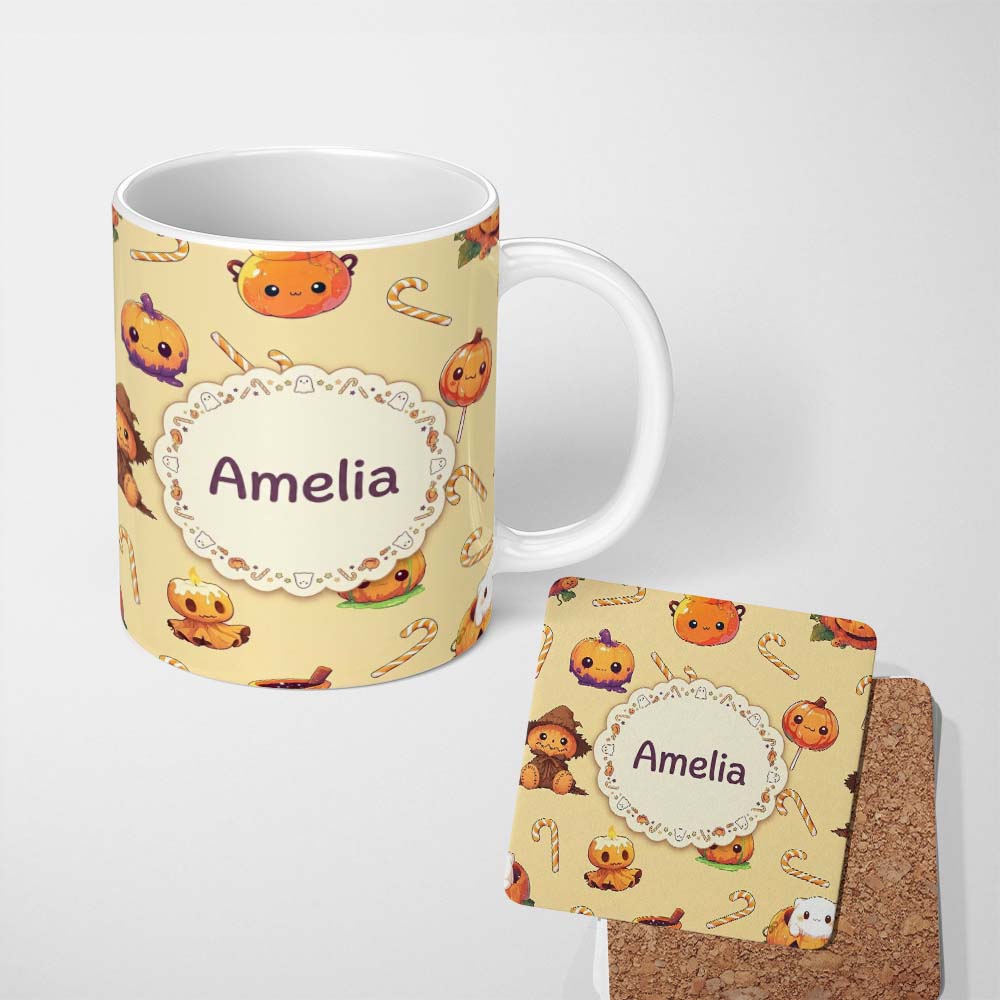 Personalized Custom Name Cute Halloween Pumpkin Candy Scarecrow Seamless Pattern Yellow 11oz Ceramic Coffee Tea Mug White Large Handle