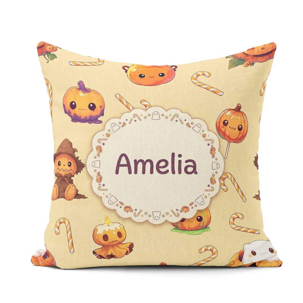 Custom Name Cute Halloween Pumpkin Candy Seamless Pattern Yellow Square Filled Cushion Throw Pillow Sofa Bed Home Decor Zip Washable UK Made