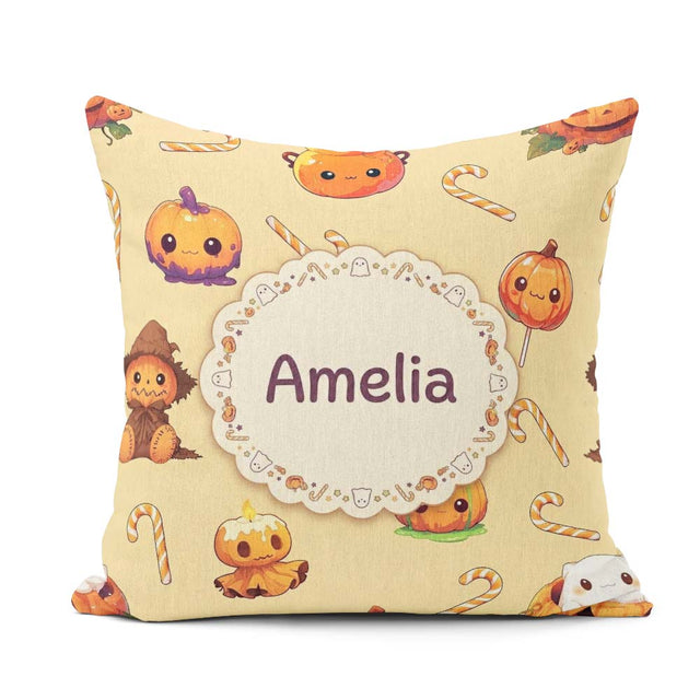 Custom Name Cute Halloween Pumpkin Candy Seamless Pattern Yellow Square Filled Cushion Throw Pillow Sofa Bed Home Decor Zip Washable UK Made