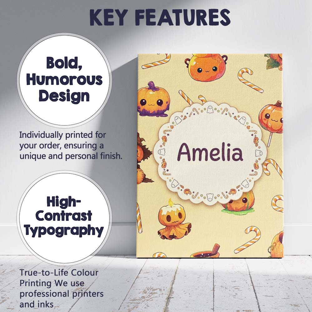 Personalised Name Cute Halloween Pumpkin Custom  Unique Gift Idea Elegant Feature Canvas Wall Art Print Decor Picture Ready to Hang