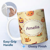 Personalized Custom Name Cute Halloween Pumpkin Candy Scarecrow Seamless Pattern Yellow 11oz Ceramic Coffee Tea Mug White Large Handle
