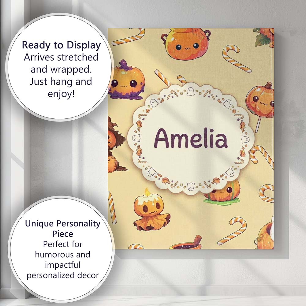 Personalised Name Cute Halloween Pumpkin Custom  Unique Gift Idea Elegant Feature Canvas Wall Art Print Decor Picture Ready to Hang
