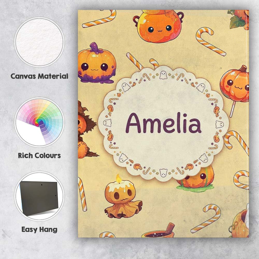 Personalised Name Cute Halloween Pumpkin Custom  Unique Gift Idea Elegant Feature Canvas Wall Art Print Decor Picture Ready to Hang
