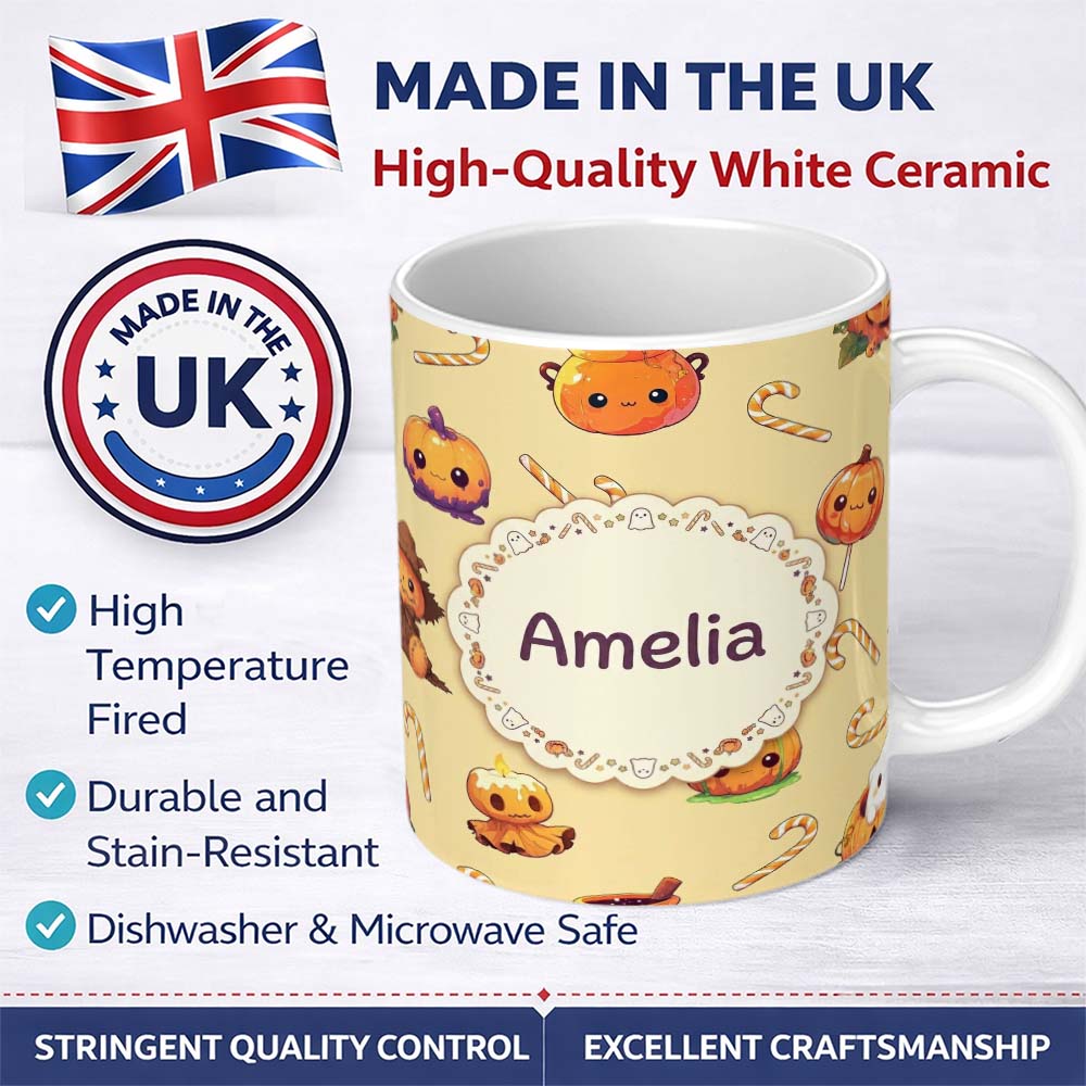Personalized Custom Name Cute Halloween Pumpkin Candy Scarecrow Seamless Pattern Yellow 11oz Ceramic Coffee Tea Mug White Large Handle