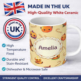 Personalized Custom Name Cute Halloween Pumpkin Candy Scarecrow Seamless Pattern Yellow 11oz Ceramic Coffee Tea Mug White Large Handle