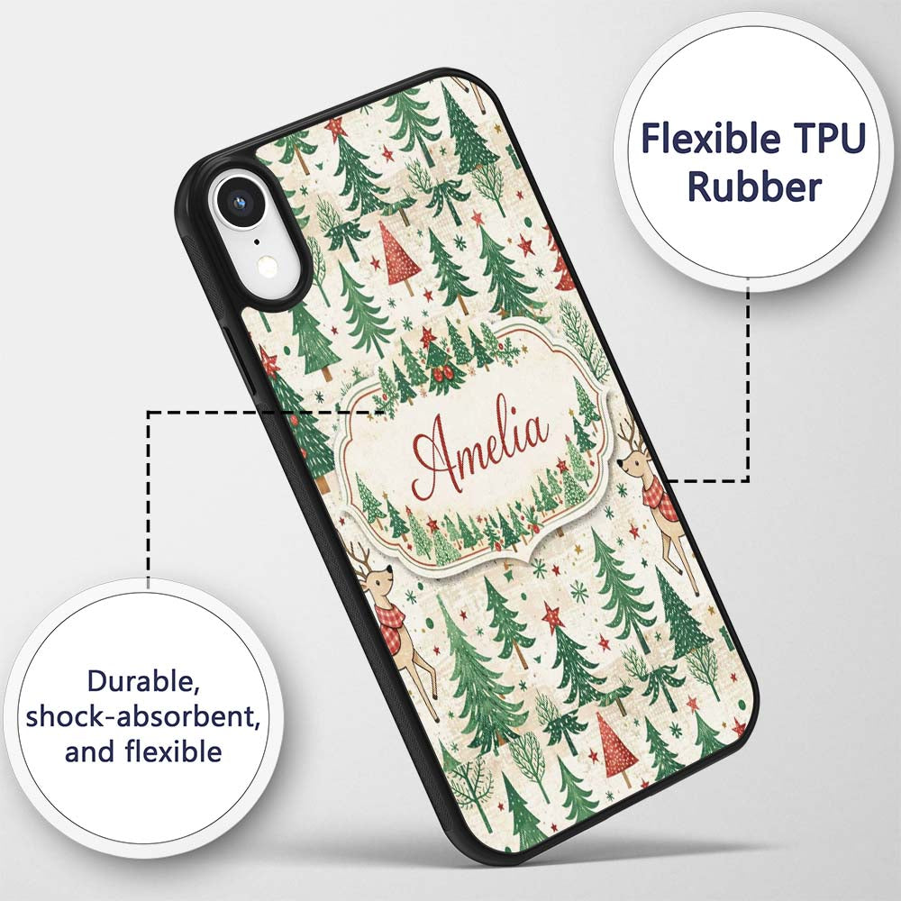 Christmas Reindeer Pine Tree Scandinavian Festive Custom Name Protective Phone Case Mobile Cover Durable Everyday Smartphone Shock Resistant