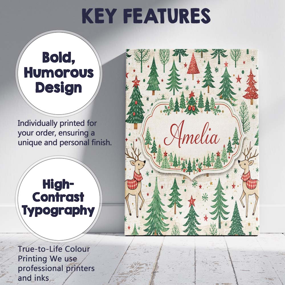 Personalised Name Christmas Reindeer Pine Tree Scandinavian Festive Custom Canvas Wall Art Print Decor Picture Ready to Hang
