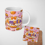 Personalized Custom Name Cute Kawaii Halloween Pumpkin Candy Scarecrow Seamless Pattern Pink 11oz Ceramic Coffee Tea Mug White Large Handle