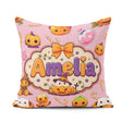 Custom Name Kawaii Halloween Pumpkin Candy Seamless Pattern Pink Square Filled Cushion Throw Pillow Sofa Bed Home Decor Zip Washable UK Made
