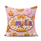 Custom Name Kawaii Halloween Pumpkin Candy Seamless Pattern Pink Square Filled Cushion Throw Pillow Sofa Bed Home Decor Zip Washable UK Made